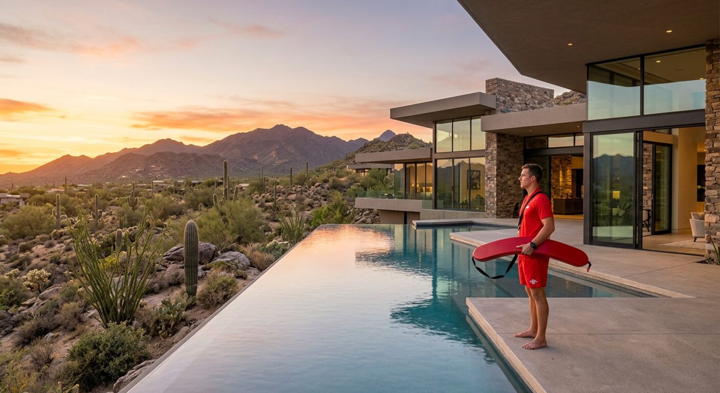 Contemporary Desert Mountain modernist estate with negative-edge pool overlooking the McDowell Mountains and Sonoran Desert at golden hour with professional lifeguard